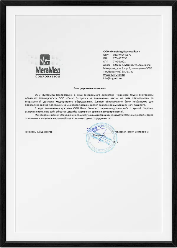 Рекомендательное письмо — ООО «МегаМед Корпорэйшн»